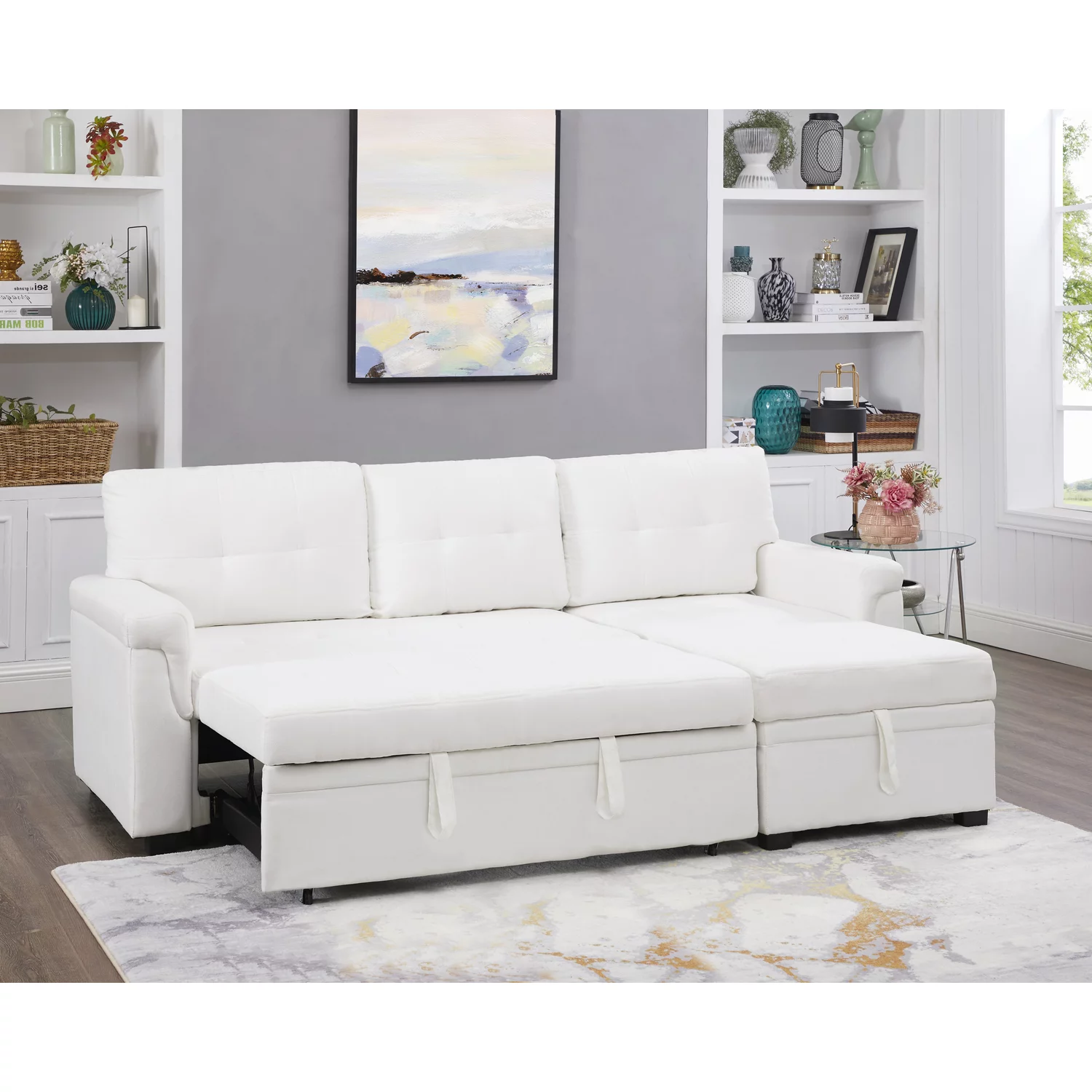 Naomi Home Jenny Sectional Sleeper Sofa - Elegant L-Shaped Couch Convertible Pull-Out Bed, Ample Storage, Timeless Design, Sturdy Construction, Long-Lasting for Modern Living, Velvet, White