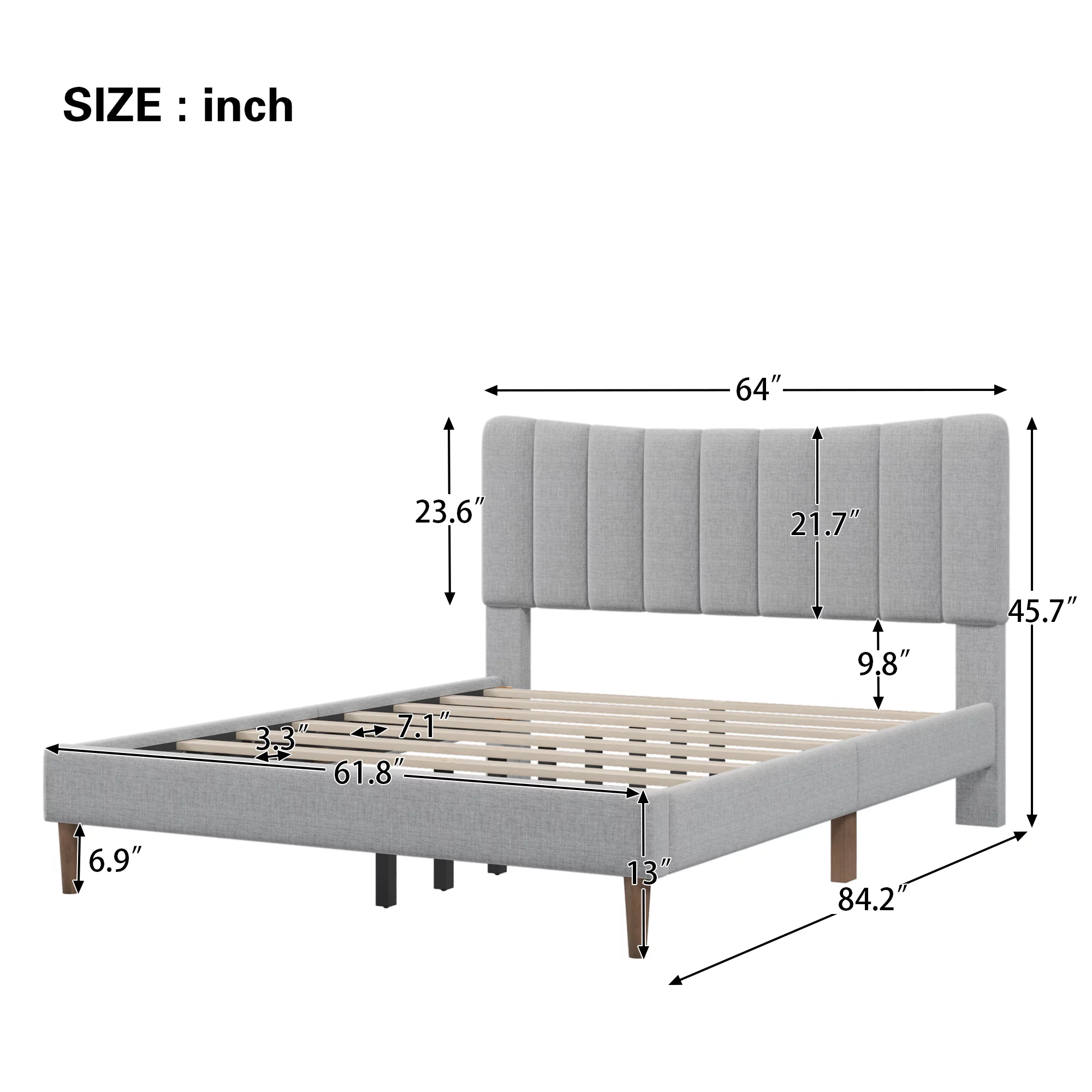 Queen Size Platform Bed Frame with Linen Vertical Channel Tufted Headboard and Wooden Slats Support, Fully Upholstered Mattress Foundation, No Box Spring Needed, Easy Assembly, Gray