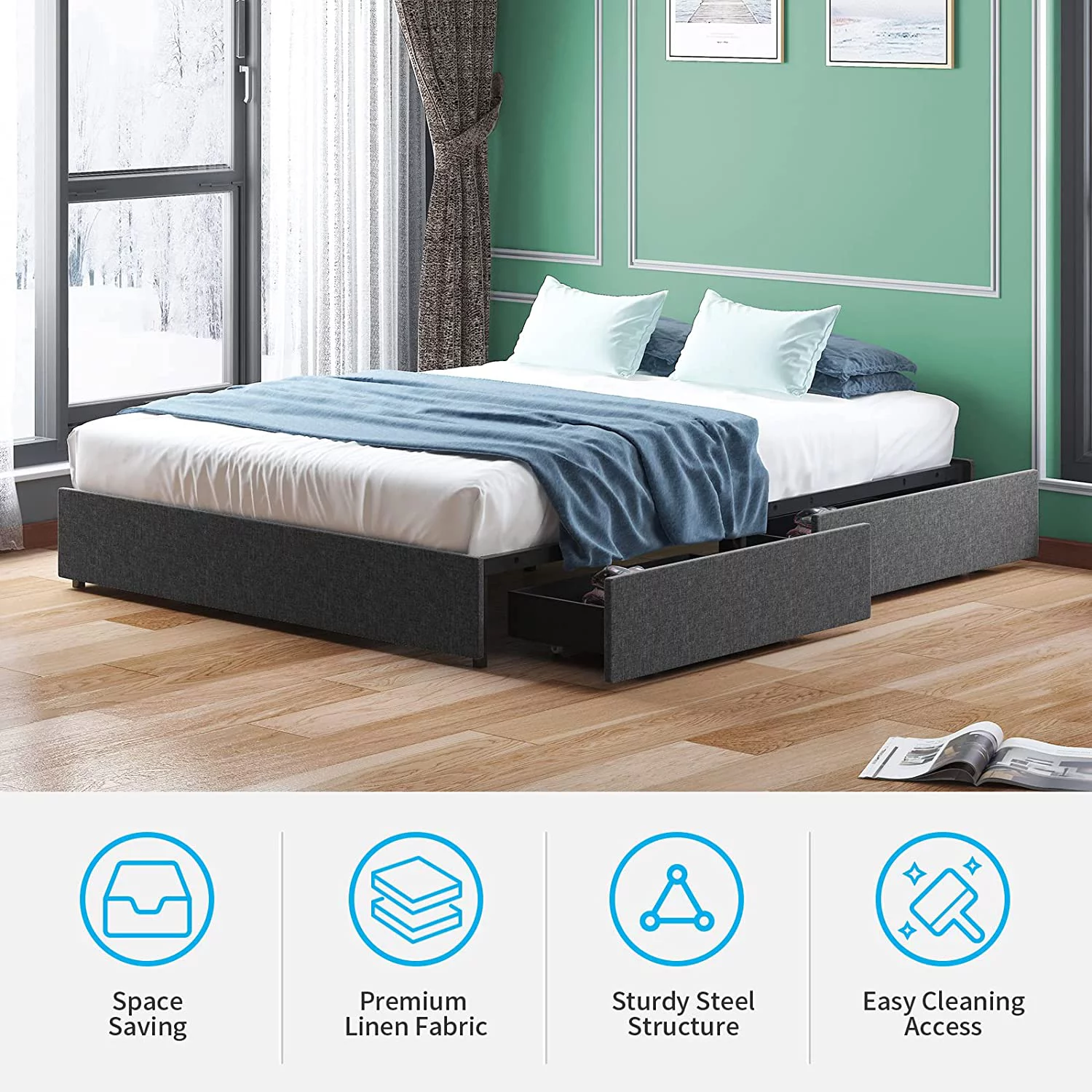 Cal King Size Bed Frame with 4 Storage Drawers Soft Cotton Linen Fabric King Size Platform Bed Frame with Wood Slat Support No Box Spring Needed/Easy Assembly/Space Saving  Dark Grey