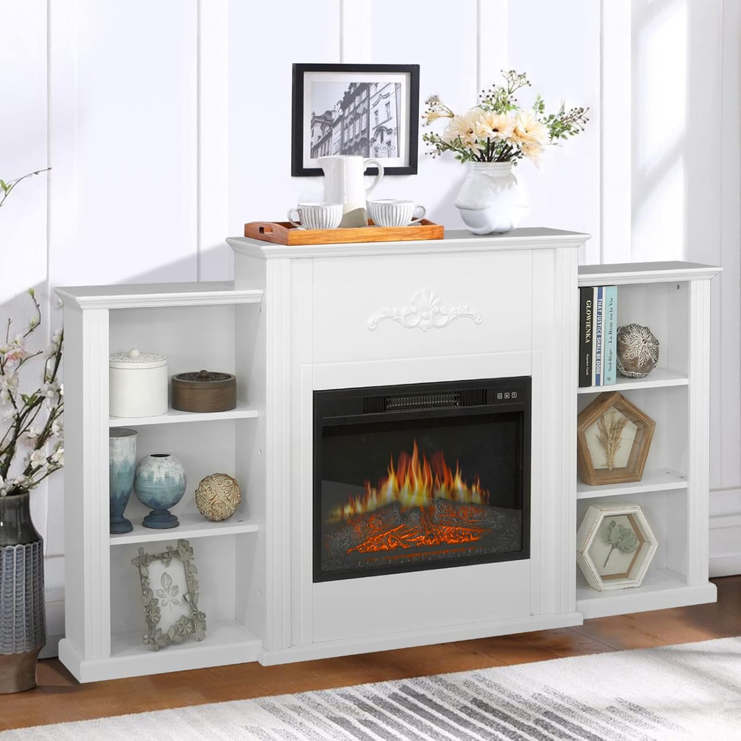 Sophia & William Farmhouse Electric Fireplace TV Stand for TV's Up to 65, Accent Decorative Barn Door Storage Cabinet Chest with 23 Insert Fireplace for Living Room Bedroom Home Office, Burlywood