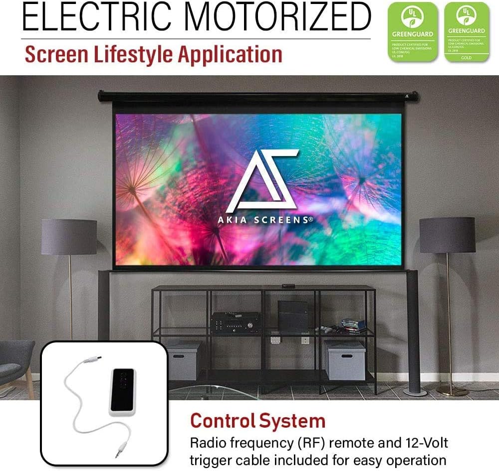 Akia Screens 125 inch Motorized Electric Remote Controlled Drop Down Projector Screen 16:9 8K 4K HD 3D Retractable Ceiling Wall Mount Black Projection Screen Office Home Theater Movie AK-MOTORIZE125H
