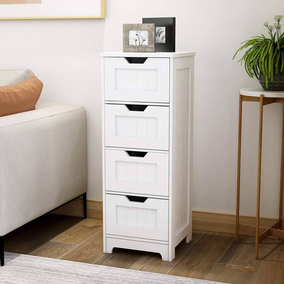 Bathroom Floor Cabinet RASOO White Freestanding Storage Organizer Cabinet with 4 Drawers for Bathroom, Living Room, Kitchen, 11.81x11.81x32.68(LxWxH)