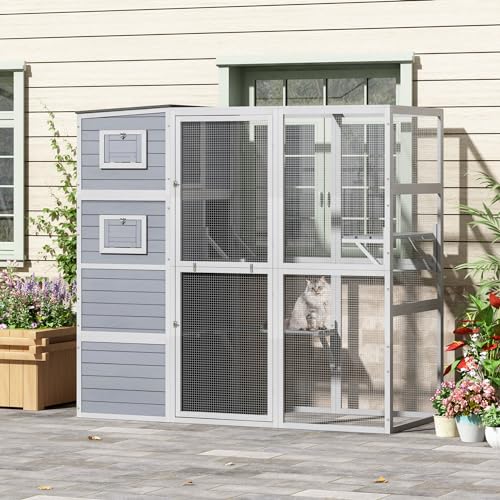 COZIWOW Large Wood Cat Catio, Outdoor Enclosure with Weatherproof Roof, 2 Resting Rooms, 2 Platforms, 4-Tier Cat Playpen, Orange