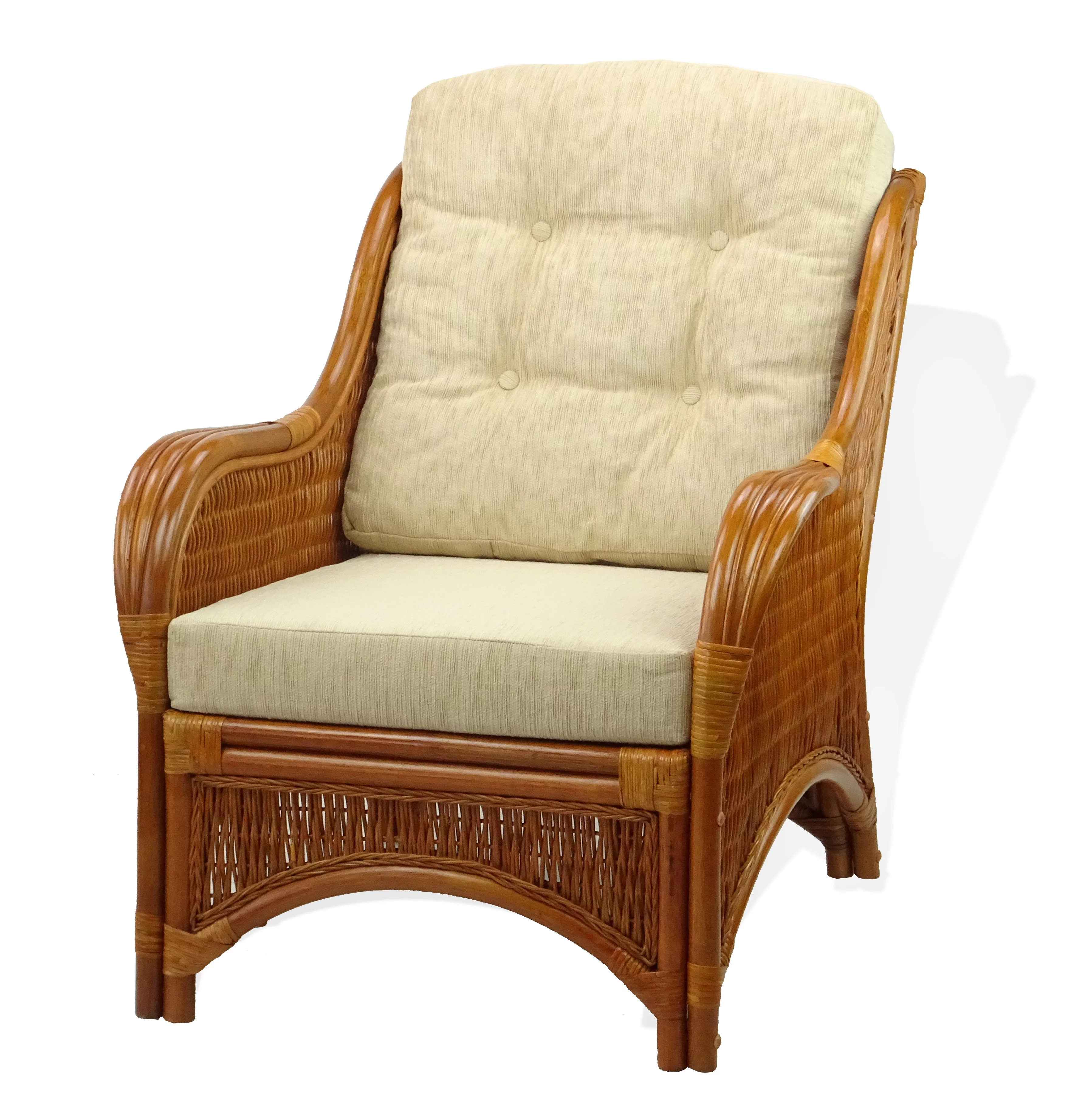 Jam Living Set of 2 Natural Rattan Wicker Lounge Chairs, Loveseat with Cream Cushions and Coffee Table w/Glass Handmade, Colonial