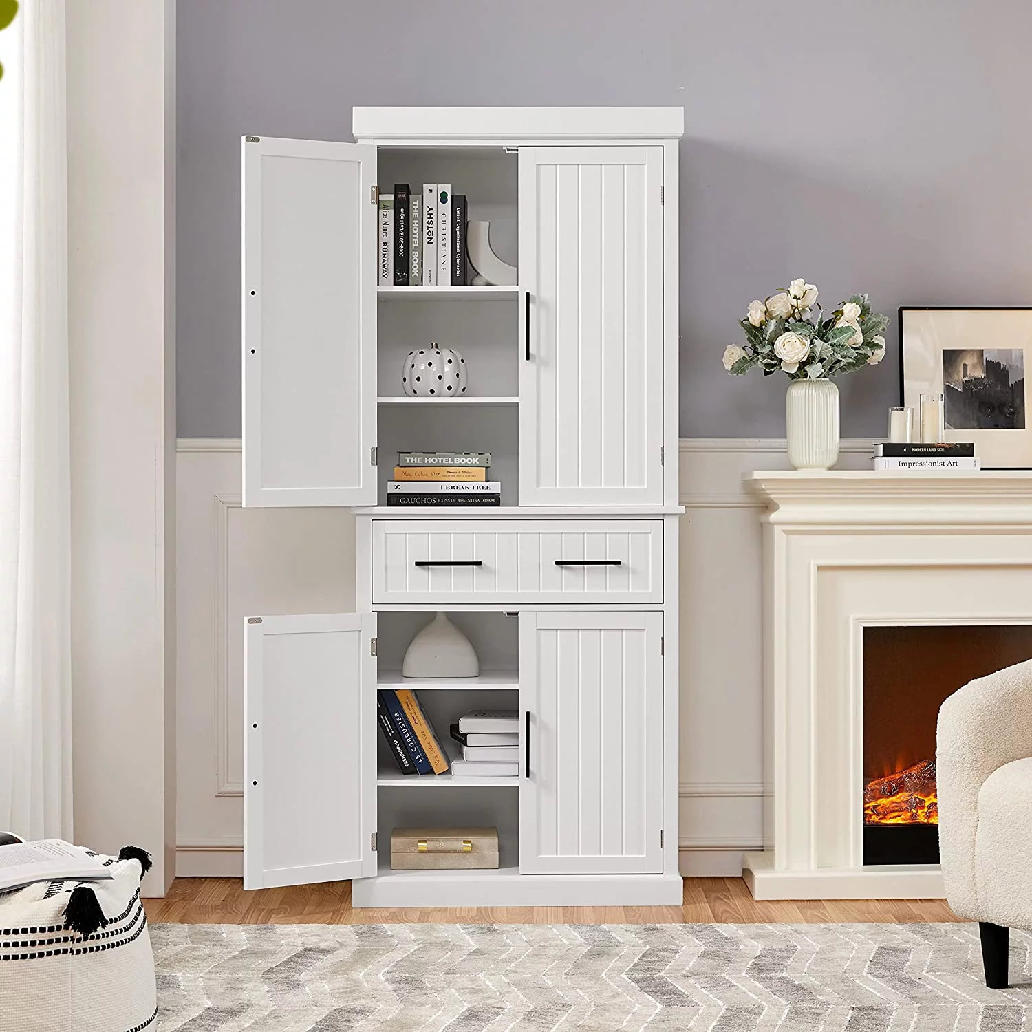 72.5" Kitchen Pantry Storage Cabinet with Drawer, Freestanding Pantry Cupboard with Doors and 2 Adjustable Shelves, Modern Utility Pantry Cabinet for Dinning Room, Living Room, White