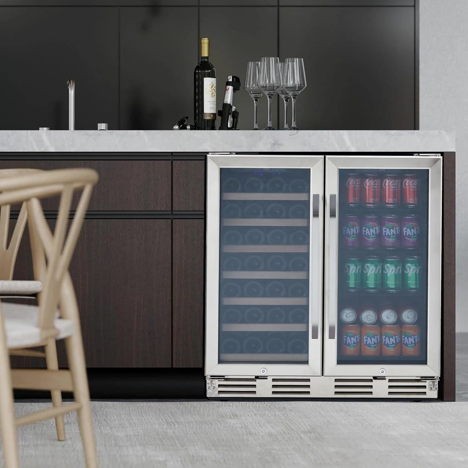 Wine and Beverage Refrigerator, 30 Inch Dual Zone Wine Cooler Refrigerator Wine Fridge with Digital Temperature Control Safety Locks LED Light, Hold 33 Bottles and 100 Cans, Built-In or Freestanding