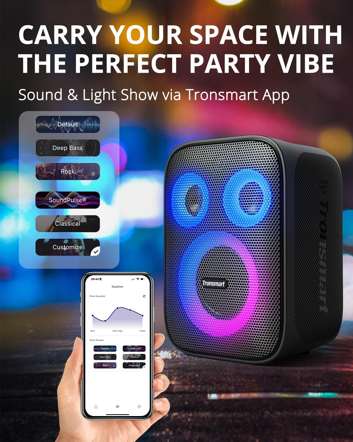 Tronsmart Halo 200 Bluetooth Speaker(No Microphone), Loud Speaker with Powerful Sound and Deep Bass, Party Sync, 5 Lighting Modes, Custom EQ &Lights, 18H Playtime, Supports Mic & Guitar for Party