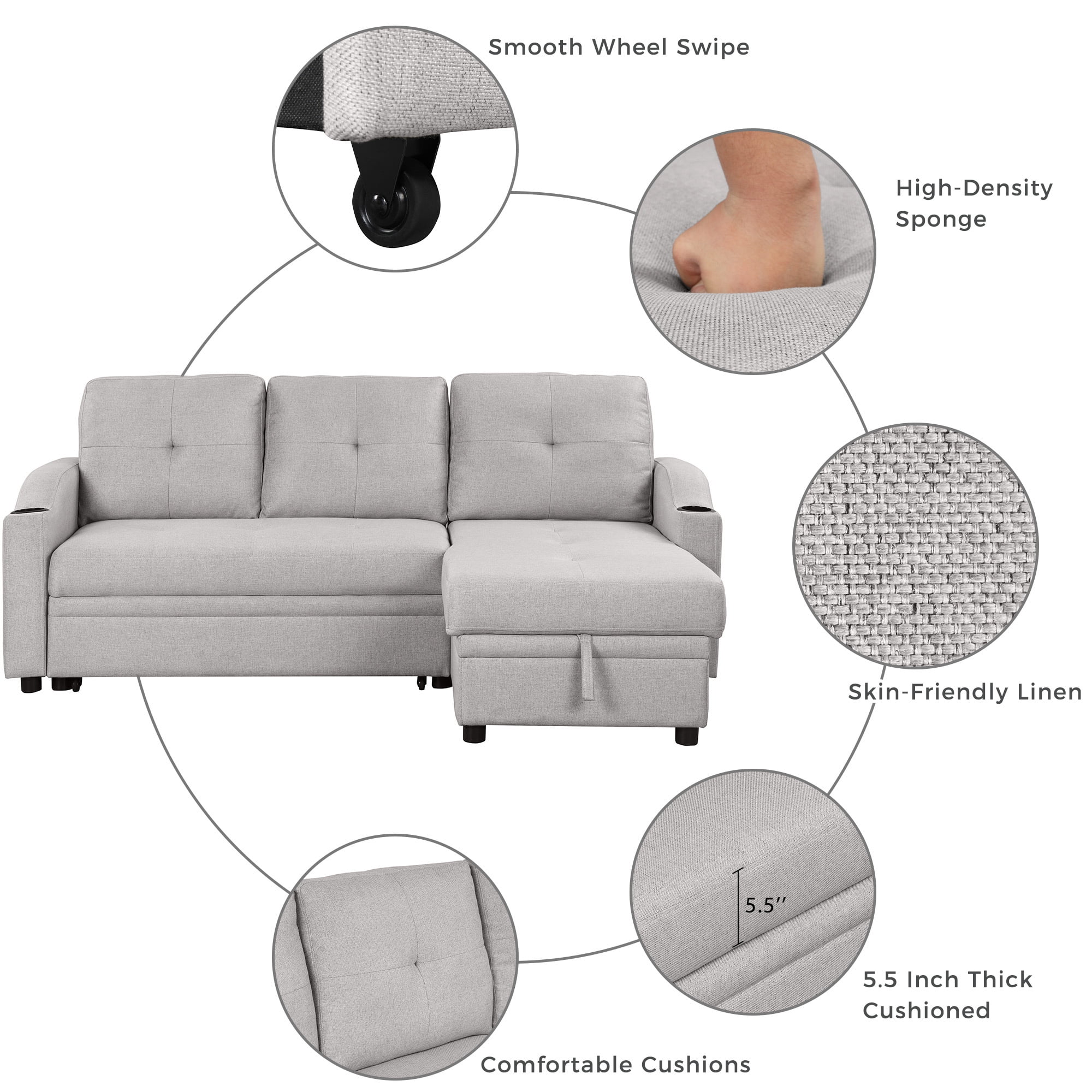 Euroco 80" Pull Out Sofa Bed L Shape Sofa with Storage Chaise and Cup Holder, Linen Fabric 3 Seater Couch, Gray