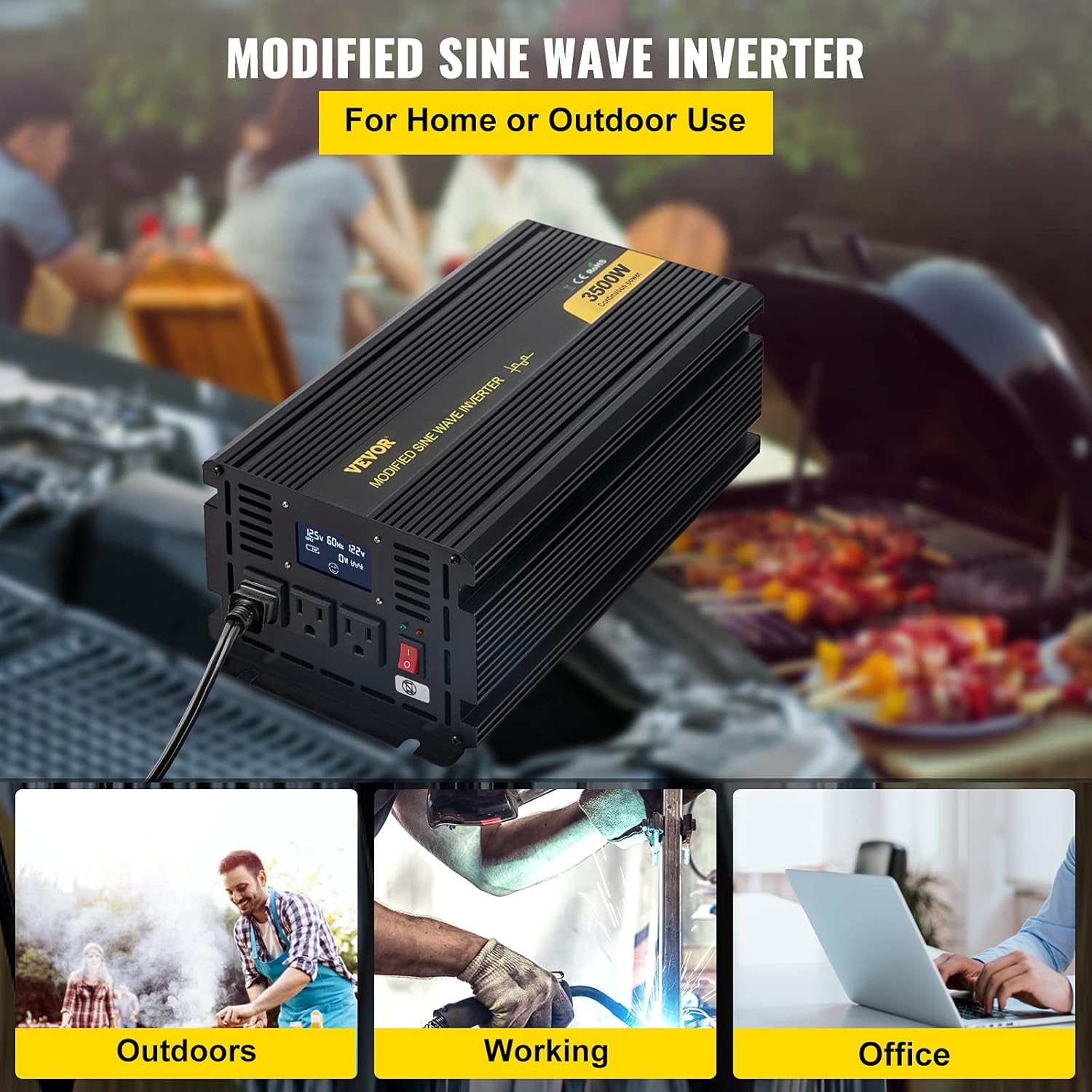 VEVOR Power Inverter, 3500W Modified Sine Wave Inverter, DC 12V to AC 120V Car Converter, with LCD Display, Remote Controller, LED Indicator, AC Outlets Inverter for Truck RV Car Boat Travel Camping