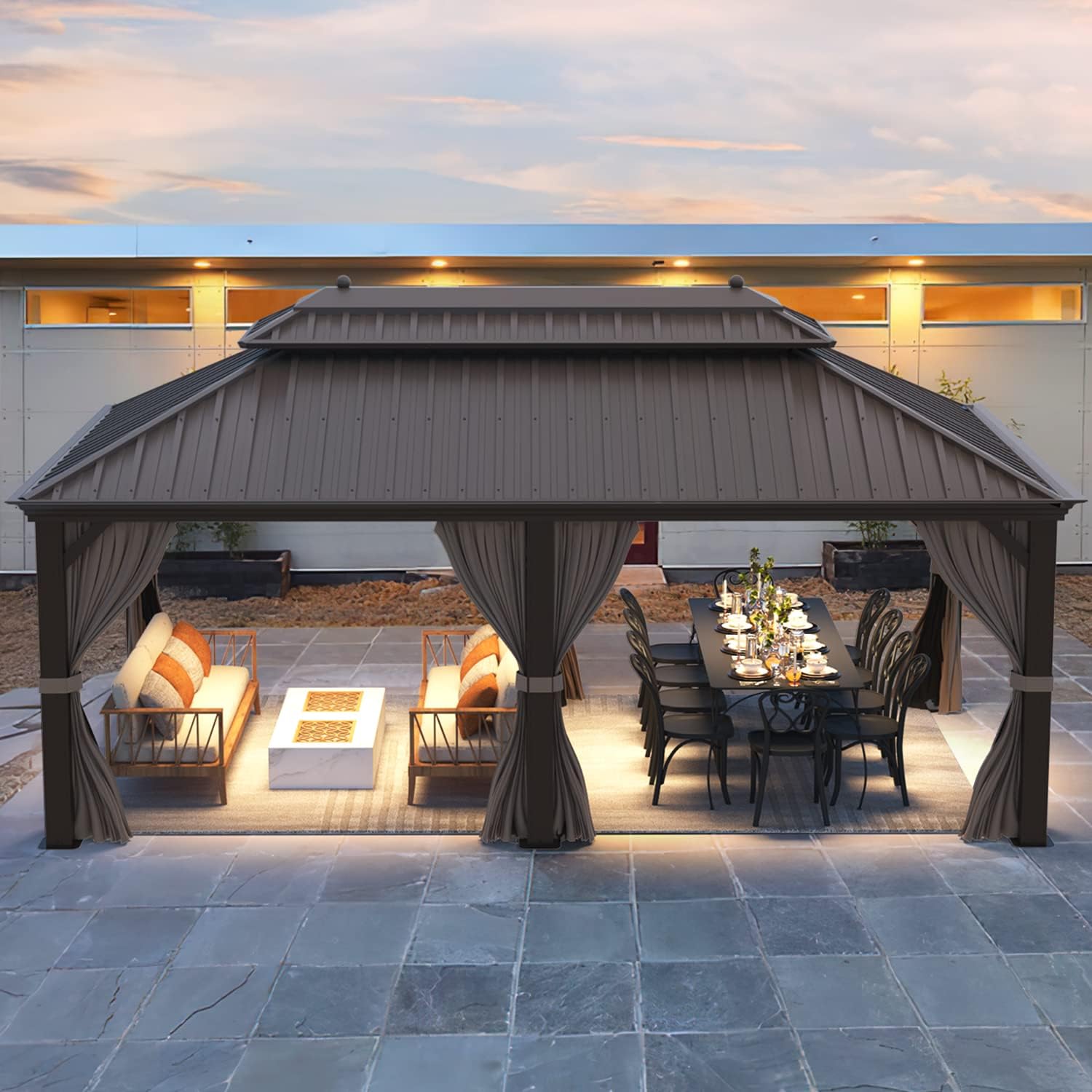 EROMMY Hardtop Gazebo Galvanized Steel Outdoor Gazebo Canopy Double Vented Roof Pergolas Aluminum Frame with Netting and Curtains for Garden,Patio,Lawns,Parties (10'x 13')