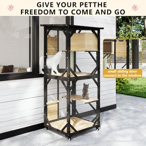LEMBERI Cat House Outdoor Catio Cat Enclosures on Wheels, 71" Large Outside Patio Wooden Cat Cage Resting Box,Scratching Post, Waterproof Roof (Gray, 71")