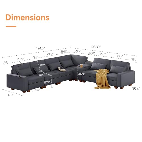 Modular Sectional Sofa, Convertible U Shaped Sofa Couch with Central Console & USB Ports, 7 Seat Modular Sectionals Couch with Chaise and Storage for Living Room, Light Grey