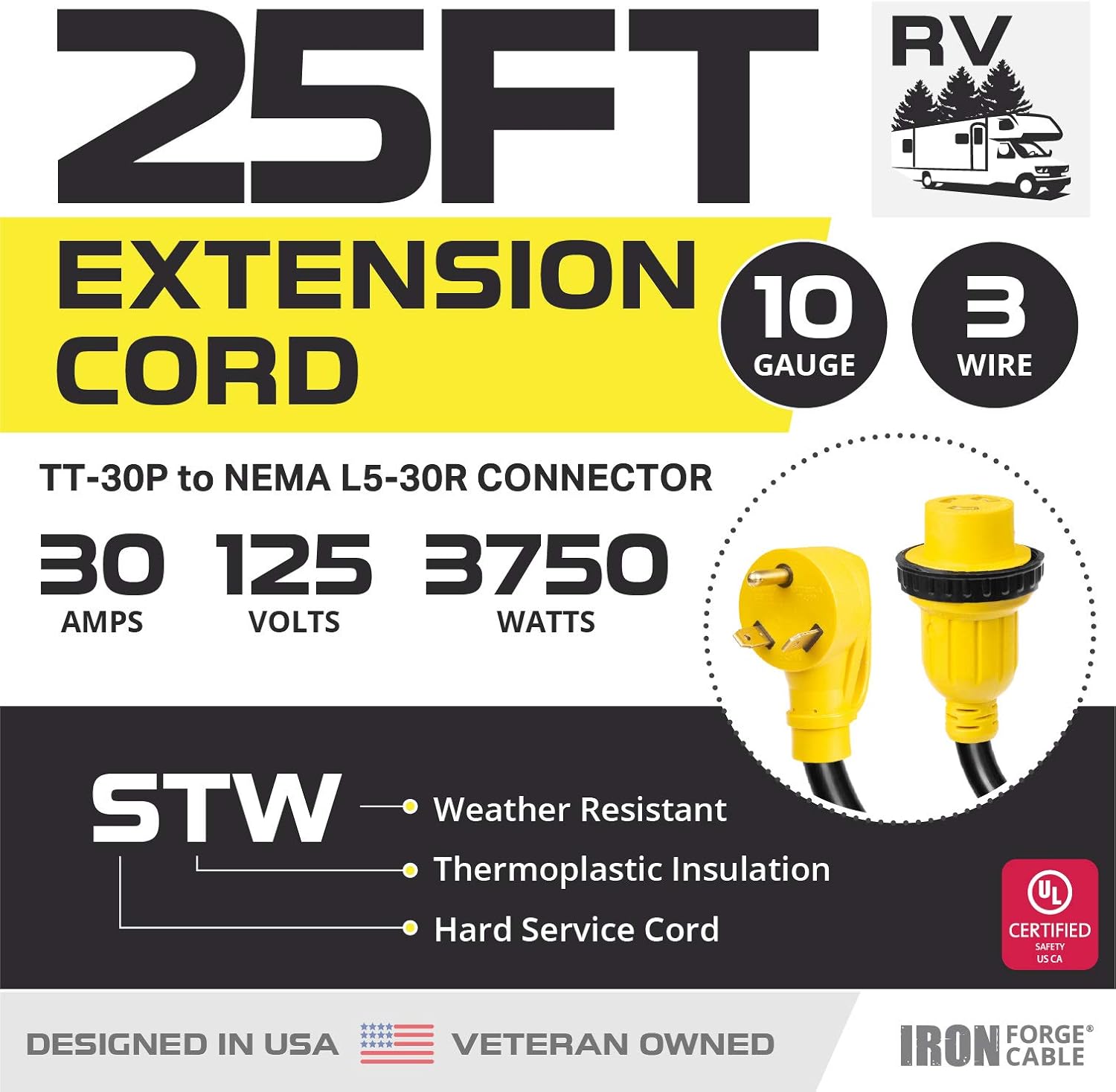 Iron Forge Cable 30 Amp RV Extension Cord 25 Ft - 10/3 STW TT-30P to NEMA L5-30R 125v RV Power Cord