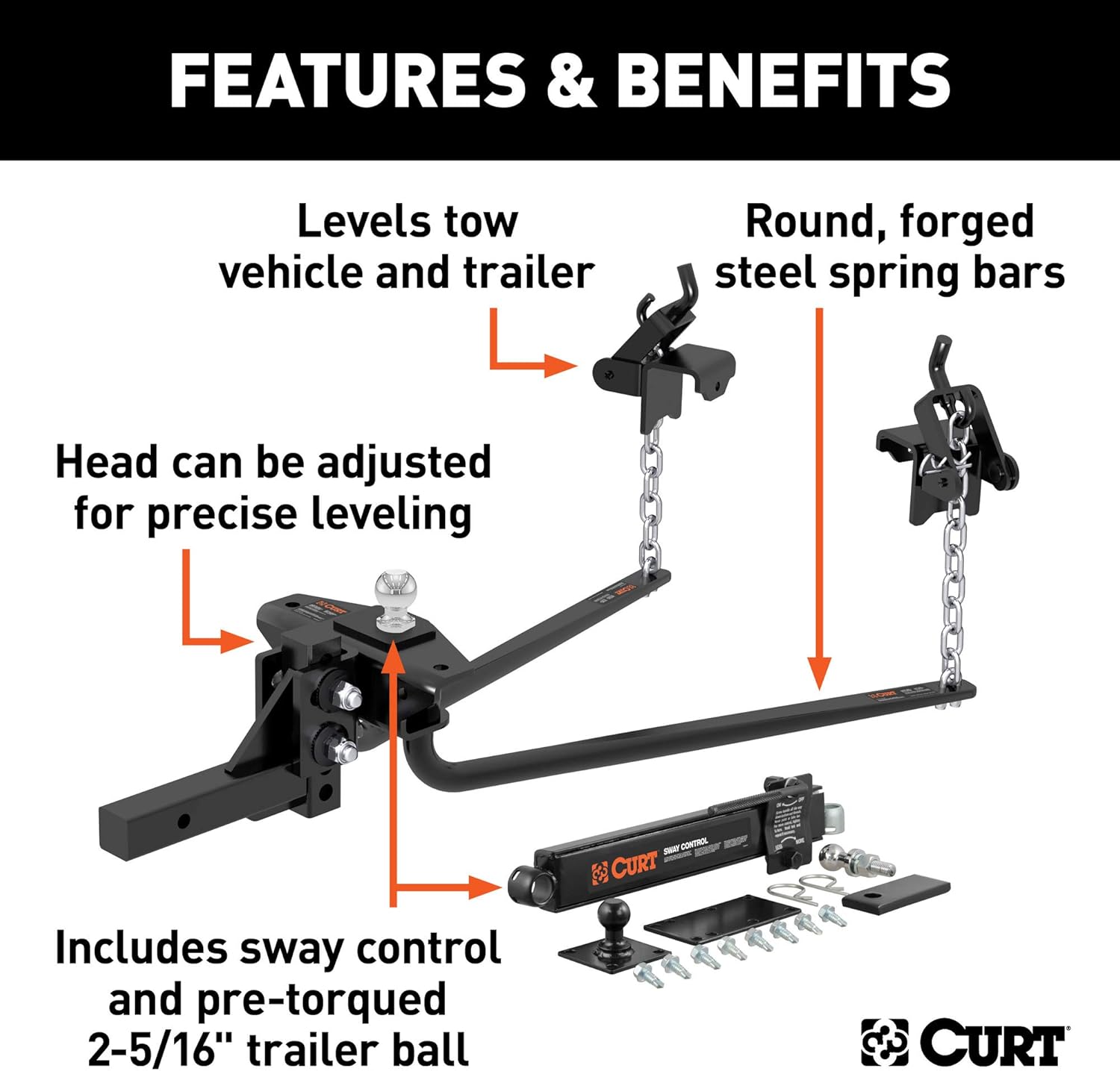 CURT 17022 Round Bar Weight Distribution Hitch with Sway Control, Up to 10K, 2-in Shank, 2-5/16-Inch Ball