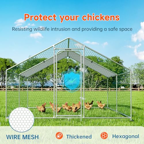 Large Metal Chicken Coop, Chicken Run Poultry Cage Hen with Water-Resident and Anti-UV Cover for Duck Rabbit House Outdoor Walk-in Chicken Pen for Yard, Dome Roof(10’ W x 19.7’ L x 6.4’ H)