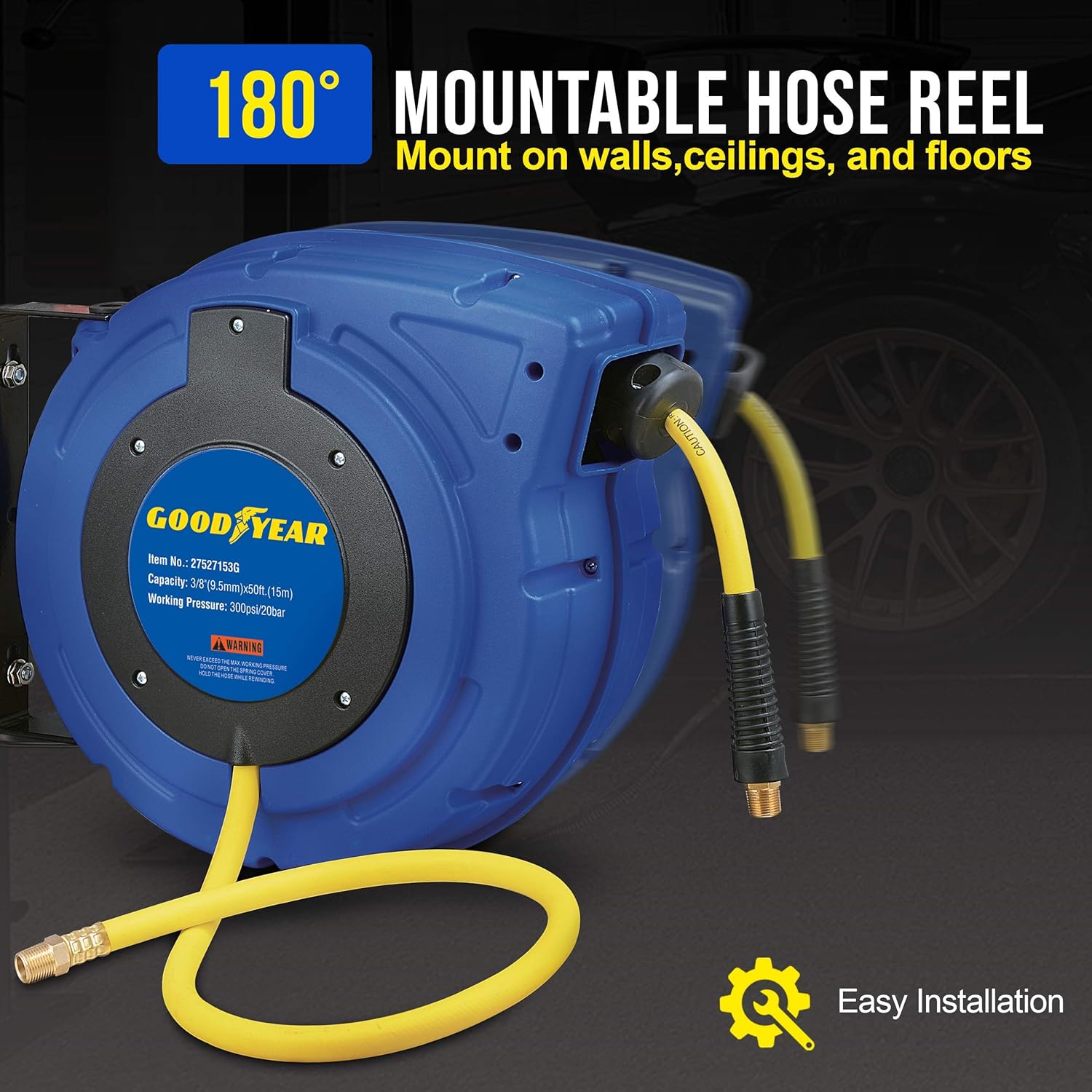 Goodyear Air Hose Reel Retractable 3/8 Inch x 50' Foot Hybrid Polymer Hose Max 300PSI Commerical Polypropylene Construction