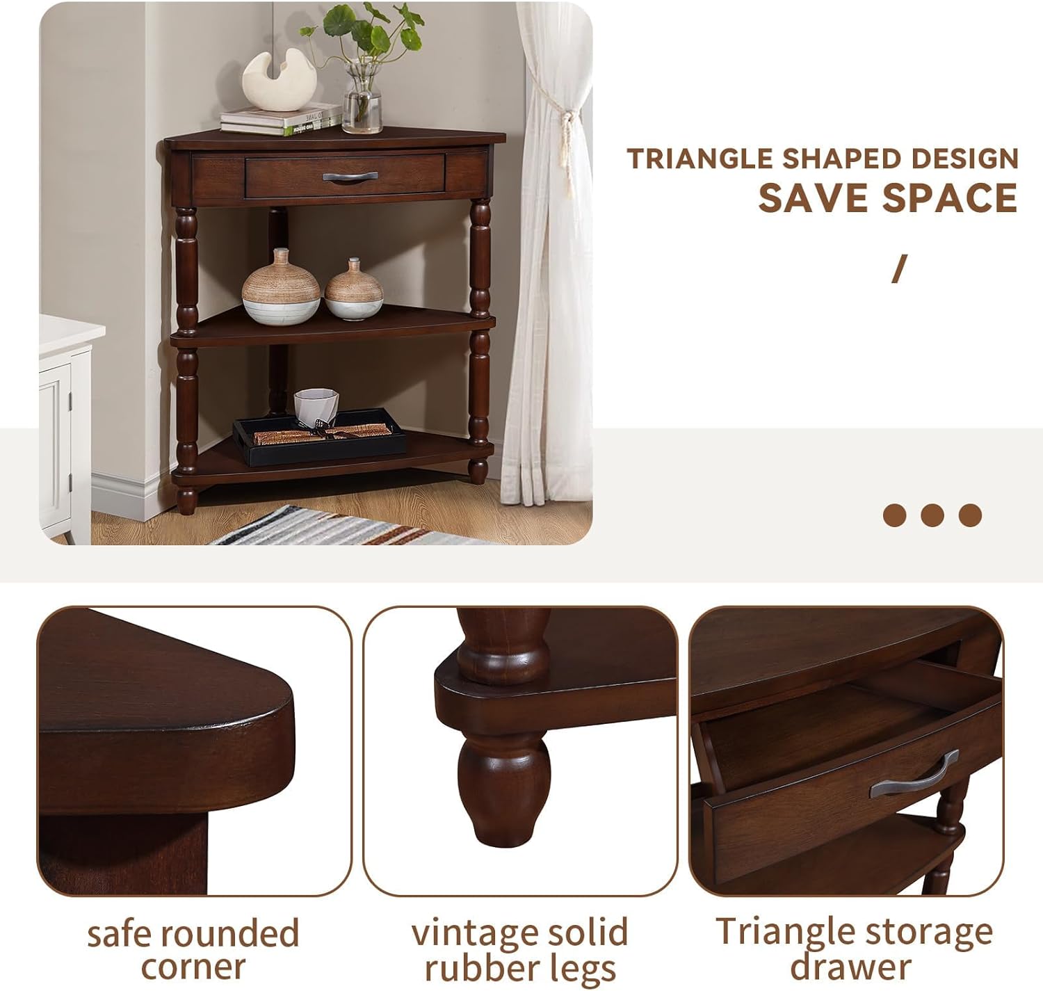 Classical Triangle Corner Table, Wood Corner Side Table with 1 Storage Drawer, 3 Tier End Corner Table with Solid Wood Legs for Small Spaces, Living Room,Bedroom, Light Espresso