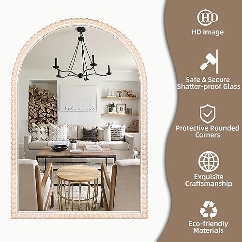 24"x36" Arch Wall Mirror Wooden Framed with White Wooden Beads, Modern Rustic Distressed Hanging Wall Mirror for Entryway, Living Room or Bedroom Home Decor
