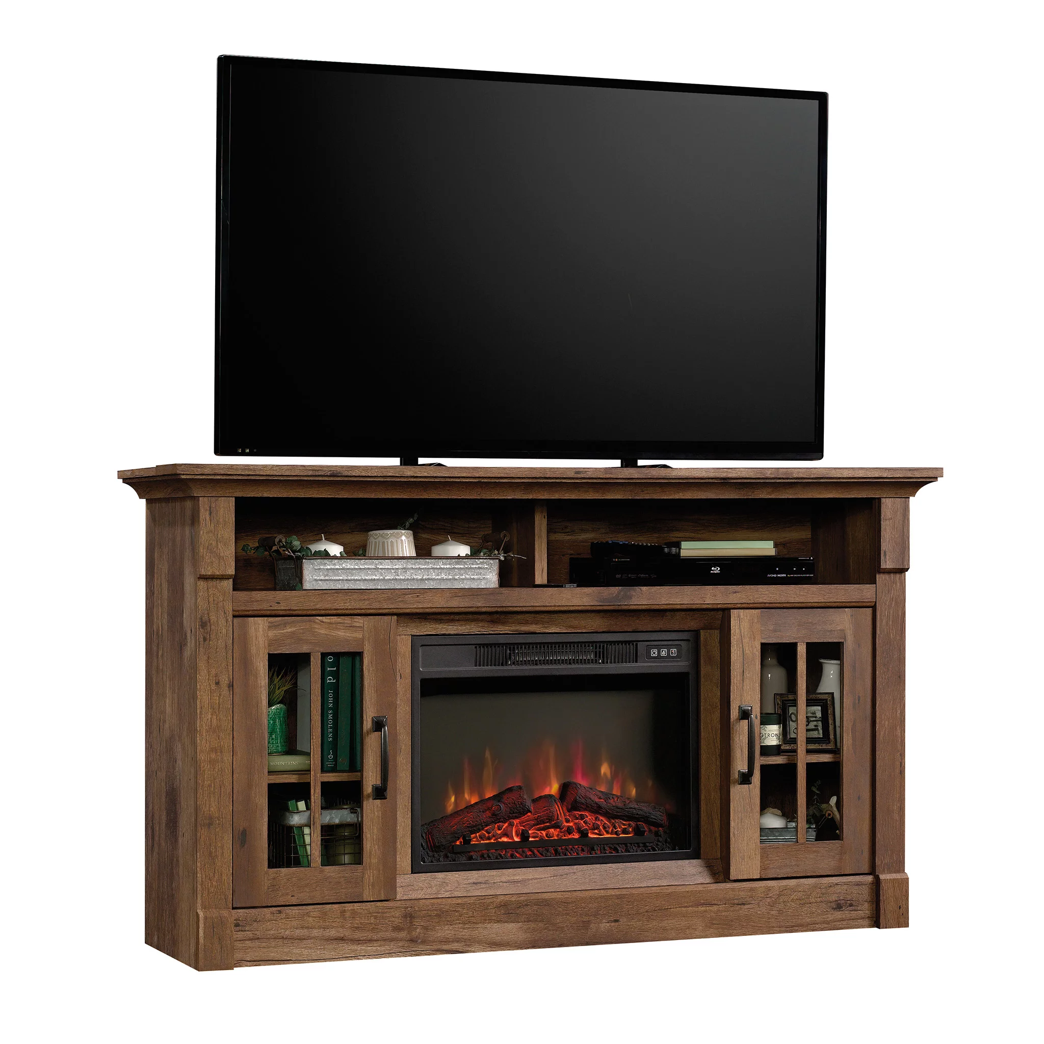 Sauder Rustic Fireplace TV Stand for TVs up to 50", Vintage Oak Finish