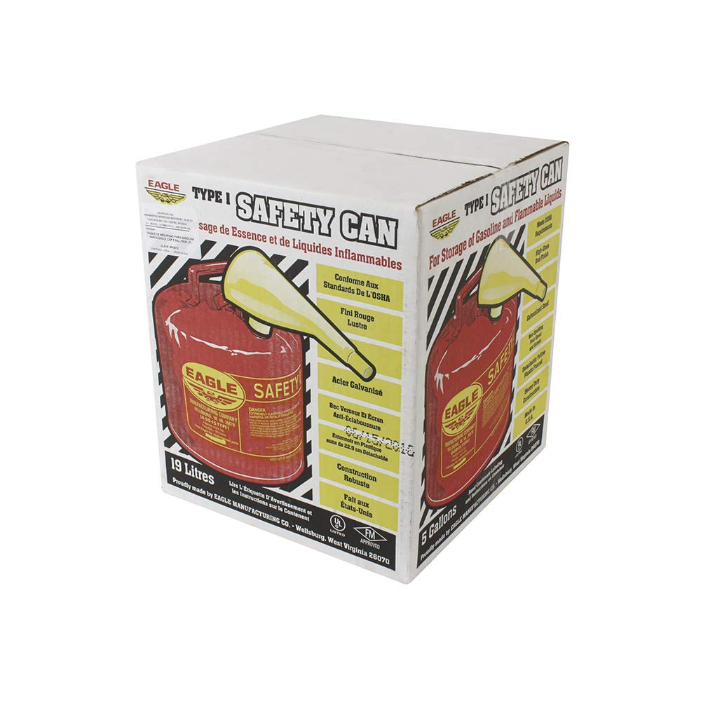 Eagle UI-50-FS Red Galvanized Steel Type I Gasoline Safety Can with Funnel, 5 gallon Capacity, 13.5 Height, 12.5 Diameter,Red/Yellow