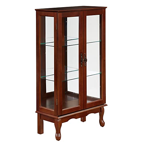 Living Room Display Country Tuscan Wall Curio Display and Storage Cabinet,Cabinet with Adjustable Shelves and Mirrored Back Panel, Tempered Glass Doors(3Tier)(E26 Light Bulb not Included) (Walnut)