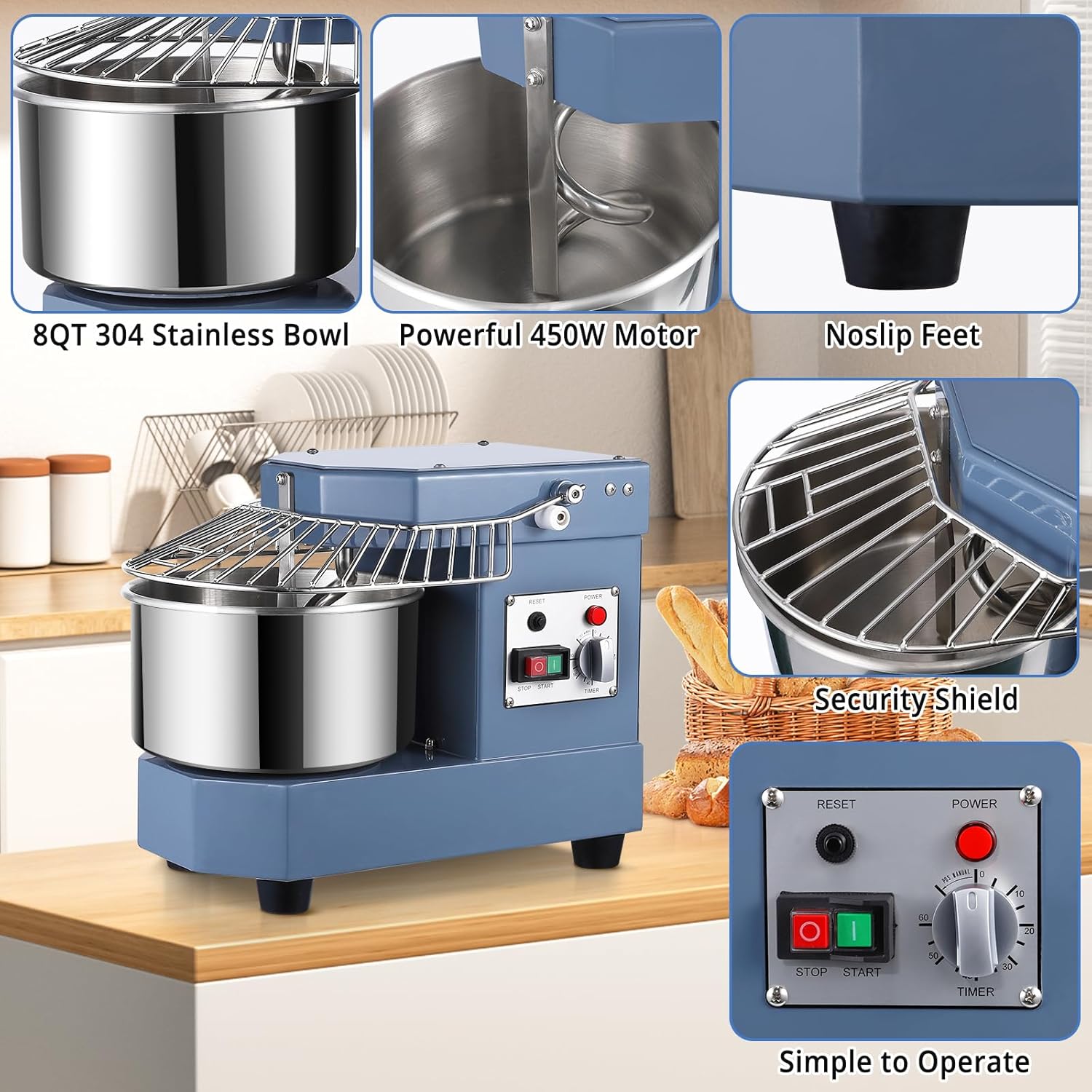 Commercial Dough Mixer, 8Qt Capacity Stainless Steel Bowl, 450W Dual Rotating Dough Kneading Machine with Security Shield & Timer Included, Baking Equipment for Restaurant Pizzeria