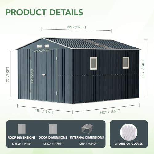 10X12X7.5 FT Outdoor Steel Storage Shed with Lockable Doors, 2 Windows, Transparent Roof Panels (Wood Panels & Frame Floor Not Included), Ideal for Patio Storage,Garbage Can, Chicken Coop，Brown