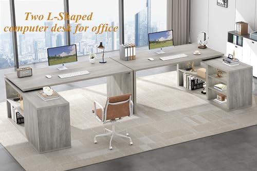 HSH L Shaped Computer Desk, Rustic Wood Corner Desk, Industrial Writing Workstation Table with Cabinet Drawer Storage for Home Office Study, Grey 55 inch