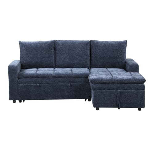 Convertible Sofa Couch with Storage Chaise, 3 Seat Sectional Sofa Set with Pullout Bed for Living Room, L-Shaped Modern Polyester Modular Sofa Sleeper for Office, Apartmen (Grey)
