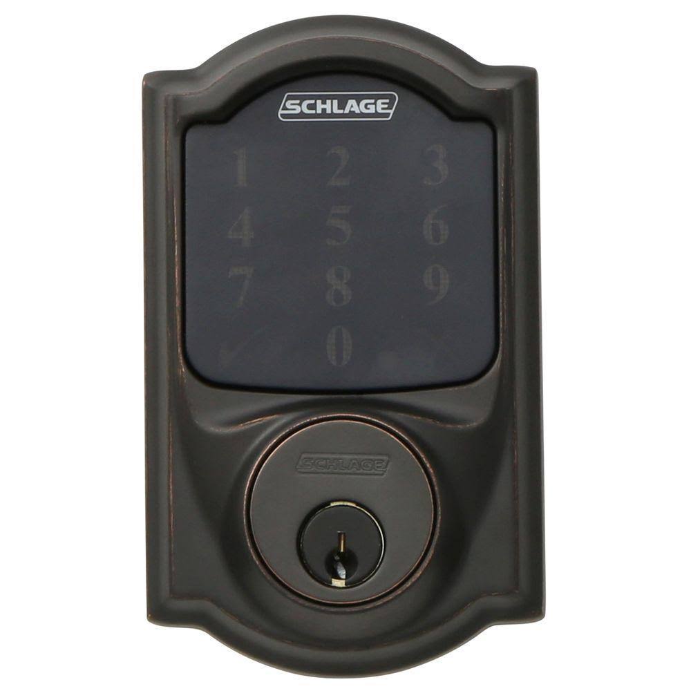 Schlage Camelot Aged Bronze Touchscreen Deadbolt with Alarm and Handleset with Accent Interior Lever