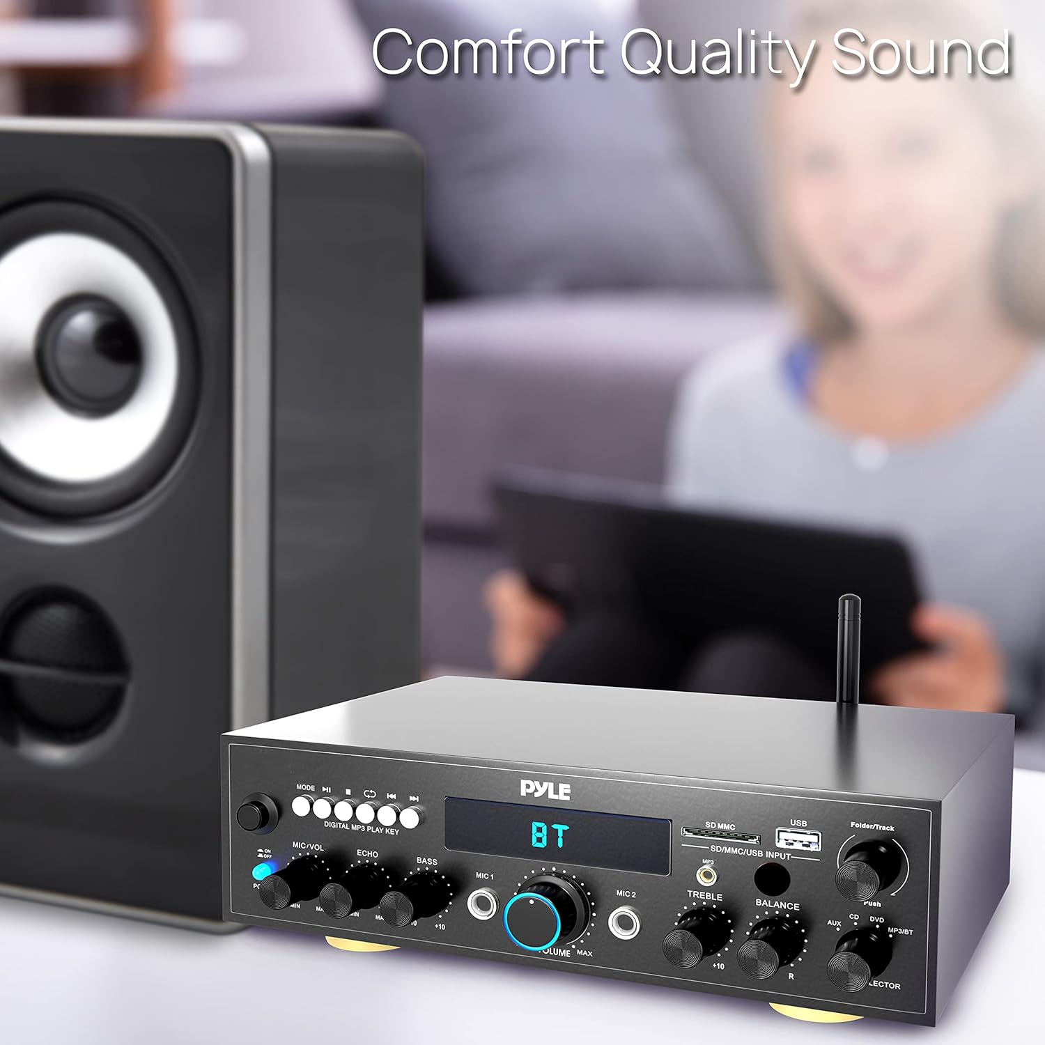 Pyle Compact Bluetooth Stereo Amplifier - 200 Watt Desktop Audio Power Amp Receiver with FM Radio, MP3/USB/SD Readers, Digital LCD Display, Microphone Input - PDA612BU.5 Pack of 2