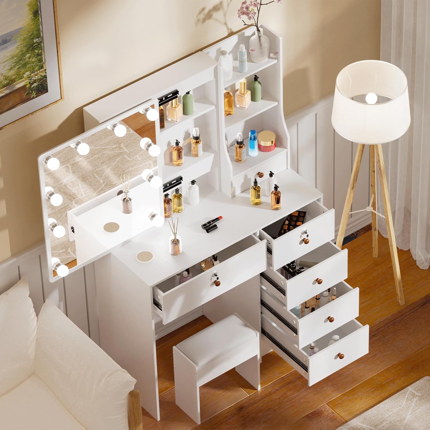 Girls Makeup Vanity with Sliding Mirror and Lights for Home, Hollywood Style Vanity Desk with Lockable Drawers and Cabinets, Dressing Cosmetic Table with Soft Chair for Girls