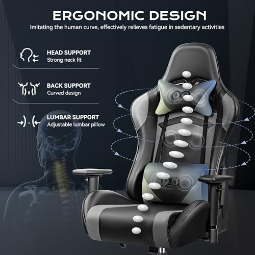 Black Gaming Chair, Ergonomic Computer Chair, Height Adjustable Game Chair, Racing Style Gamer Chair with Headrest and Lumbar Support (Blackgray)