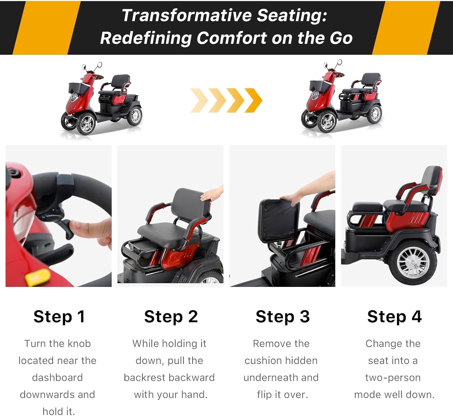 Two Seater Mobility Scooters for Seniors & Adults 500lbs Capacity - Heavy Duty Electric Powered Mobility Device - Double Seat Mobility Scooter for Travel, Elderly w/Remote Key- Red