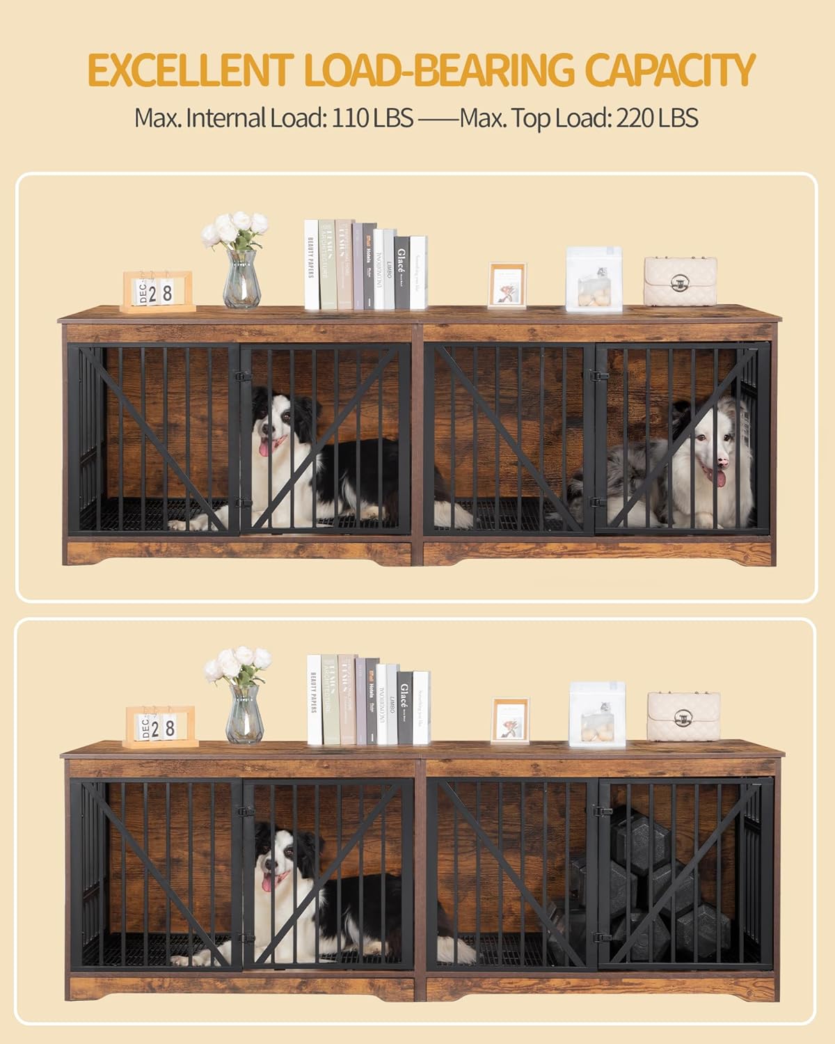 76.4" Dog Crate Furniture with Divider for 2 Dogs, Large Dog Kennel Indoor with Adjustable Door, Tray, Wood Dog Crate End Side Table for Small Medium Large Dog, Anti-Chew Anti-Escape, Brown