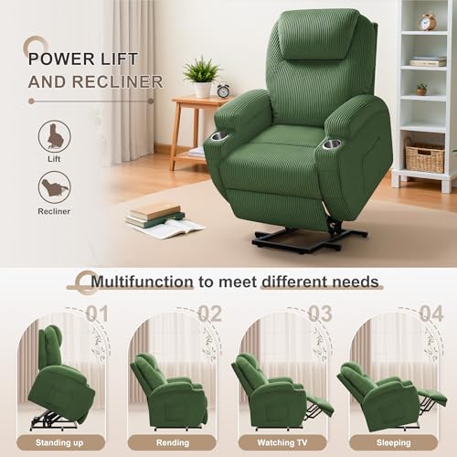 Flamaker Power Lift Recliner Chair PU Leather with Massage for Elderly Ergonomic Lounge Chair Classic Single Sofa with 2 Cup Holders Side Pockets Home Theater Seat (Leather, Light Black)