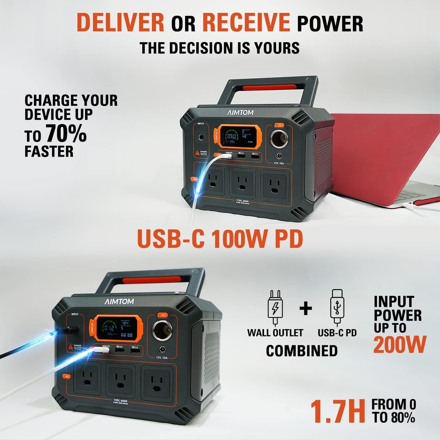 AIMTOM Portable Power Station Rebel 440, 3X 440W AC, 100W USB-C PD, 12V Regulated DC, 2X USB, 403Wh Lithium Battery Solar Generator (Solar Panel Optional) for Camping Outdoor Road Trip Home Emergency