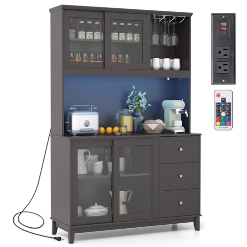 Giantex 73" Kitchen Pantry Storage Cabinet, Hutch Cabinet with LED Lights & Power Outlet, Kitchen Buffet Cabinet w/Wine Glass Racks, Countertop, Adjustable Shelves, Drawers for Dining Room (Espresso)