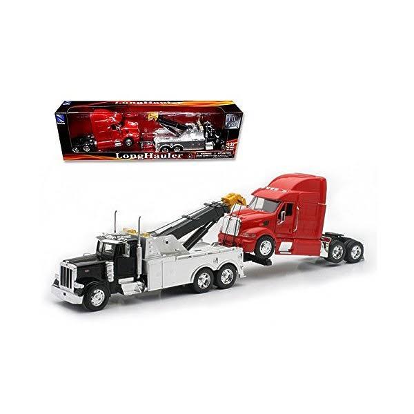 Newray Peterbilt Black Tow Truck with Red Peterbilt Cab 1/32 Scale Pre-Built Diecast Model Set