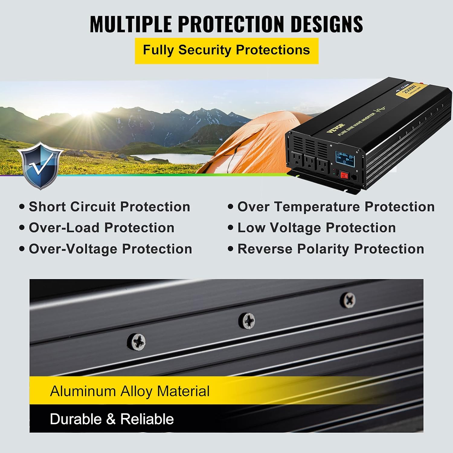 VEVOR Pure Sine Wave Inverter, 2500 Watt Power Inverter, DC 12V to AC 120V Car Inverter, with USB Port, LCD Display, and Remote Controller Power Converter, for RV Truck Car Solar System Travel Camping