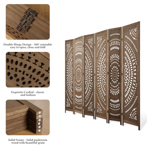 Room Divider Wood Carved Wall Divider Indoor Folding Bohemian Style Portable Partition Screen for Home Office Garden Terrace - 6 Panels (Antique, White-Washed)