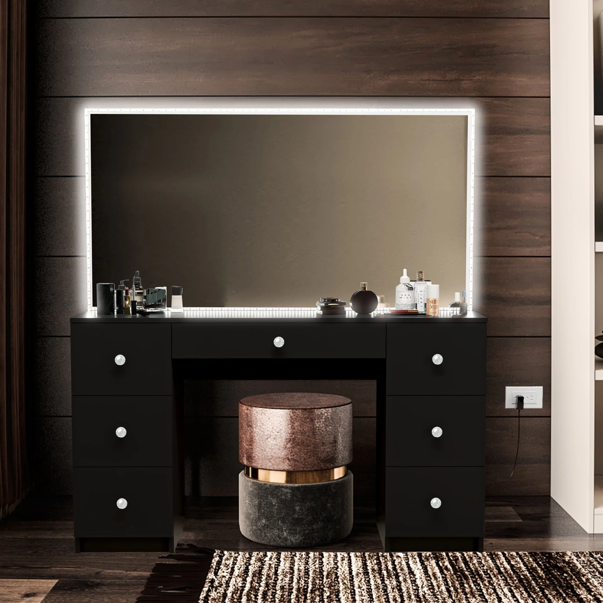 Boahaus Sabrina Modern Black Vanity Desk with LED Lights, Crystal Ball Knobs, for Bedroom