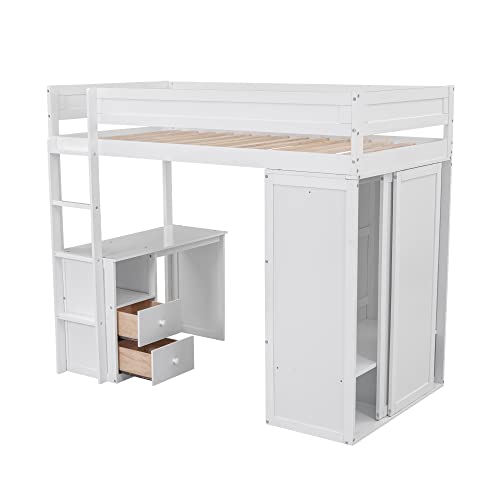 Full Size Loft Bed with Storage Wardrobe and Desk Wooden Loft Beds Frame with Drawers and Cabinet Wood High Loft Beds with Ladder for Kids Teens Adults, White