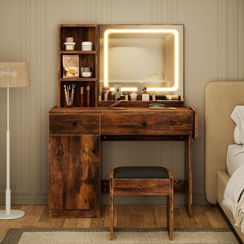 IDEALHOUSE Vanity Desk with Mirror and Lights, Large Storage Space with 2 Drawers and Adjustable Shelves Storage Makeup Vanity, 3 Lighting Modes Adjustable Brightness, Bedroom Vanity Table, White