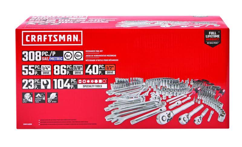 Craftsman 1/4, 3/8 and 1/2 in. Drive Metric and SAE 6 and 12 Point Mechanic&s Tool Set 308 pc.