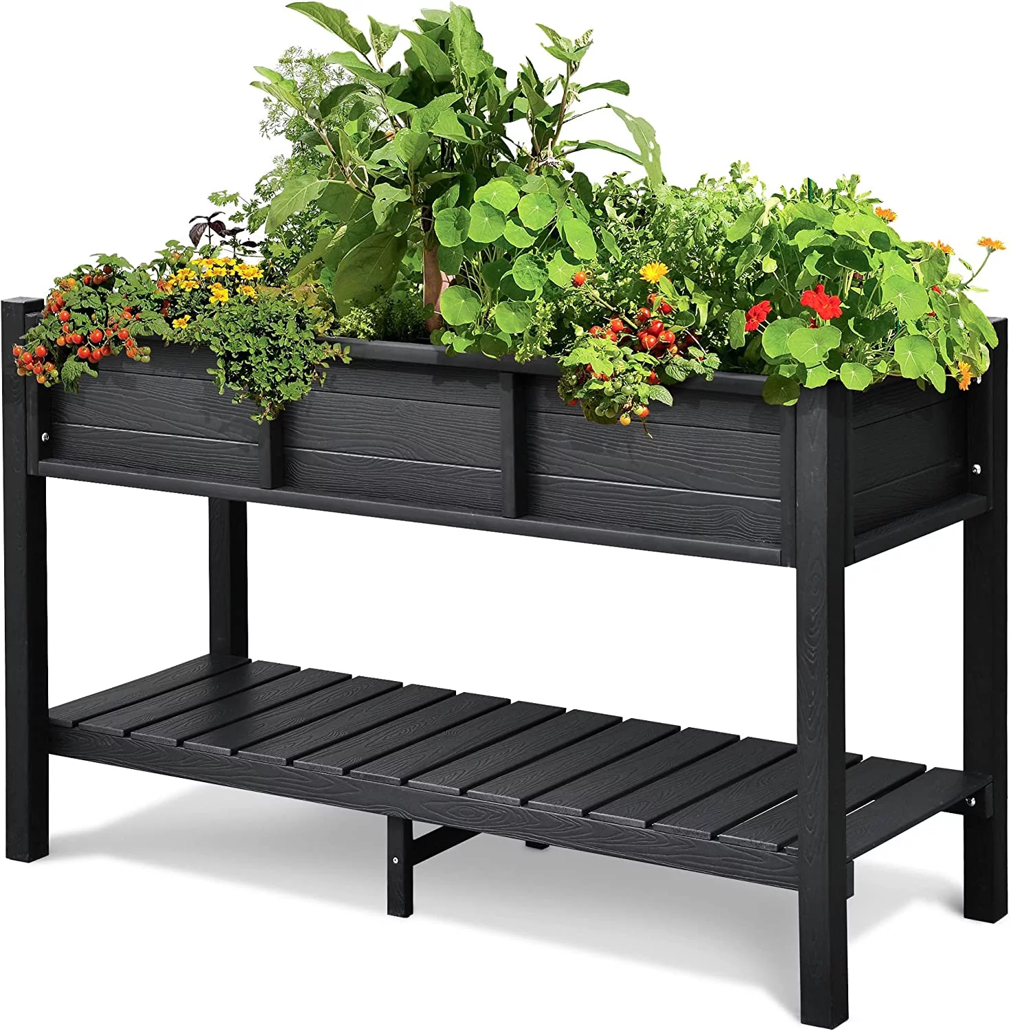 DWVO Outdoor Elevated Raised Garden Bed Planter Box with Legs & Shelf for Vegetables,Black