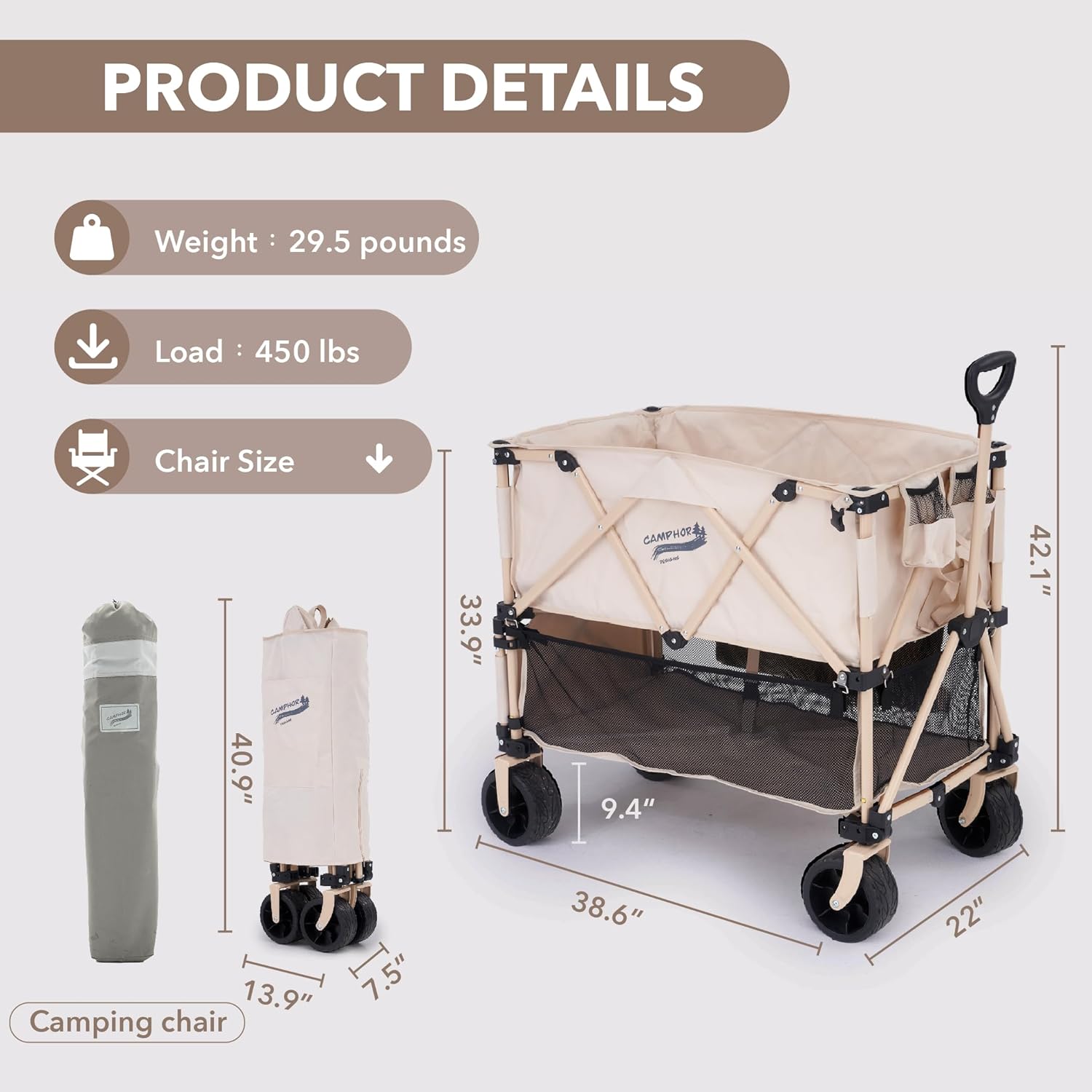 400L Collapsible Folding Double Decker Beach Wagon |Heavy Duty Utility Cart Extender|Supports 450lbs|All-Terrain Big Wheels with Breaks for Sports Camping (Beige/Beige)