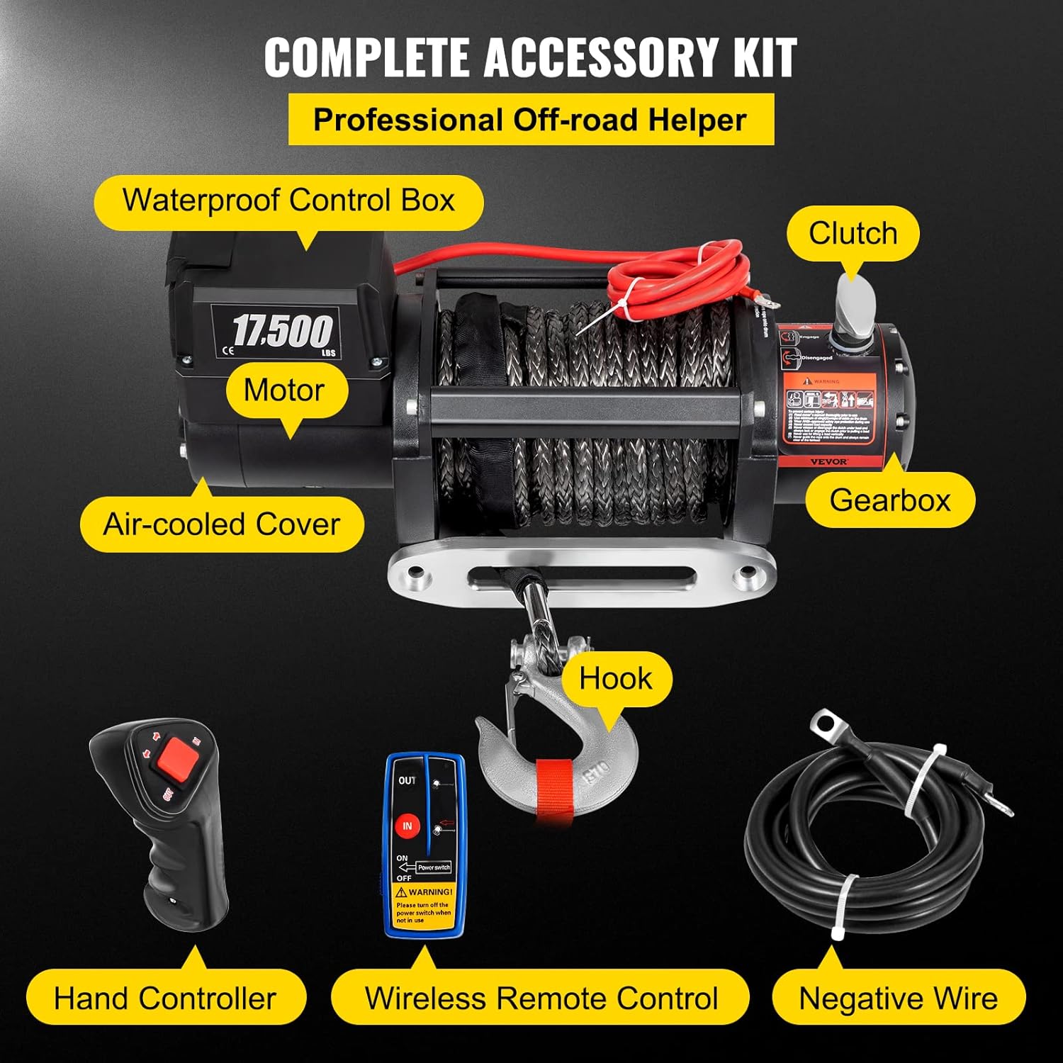 VEVOR Truck Winch 17500lb Load Capacity Synthetic Rope 12V Power Winch with Wireless Remote Control, Powerful Motor for ATV UTV Off Road