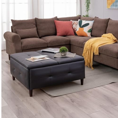 Panana Large Storage Ottoman Coffee Table with Lift Top, Square Ottoman with Storage,Upholstered Ottoman Coffee Tables for Living Room (Linen Fabric, Grey - Square Storage Ottoman Table)