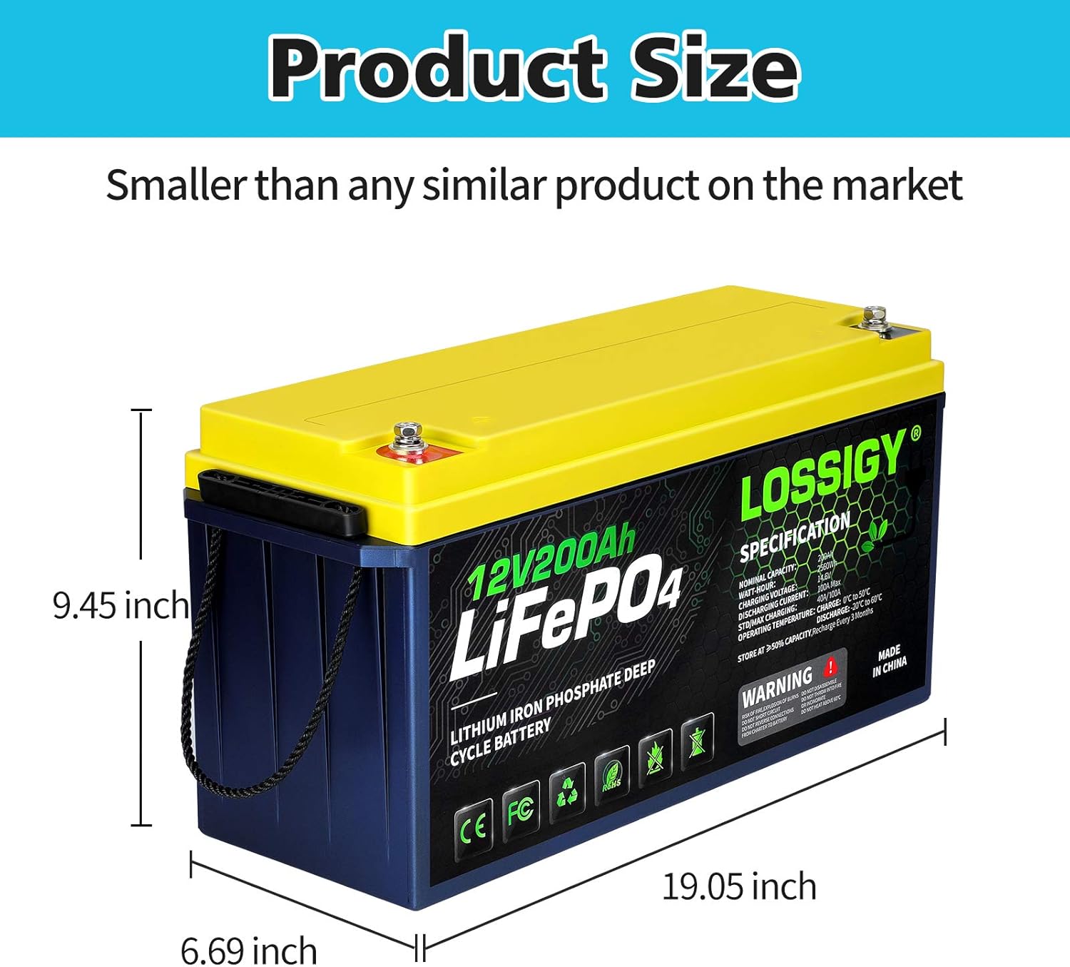 LOSSIGY LiFePO4 Battery 12V 200Ah Deep Cycle Lithium Ion Battery, Built-in 100A BMS, 4000+ Cycles, 280Amp Max, Perfectly replace all RV, Solar systems, Marine Batteries Application, Maintenance-Free